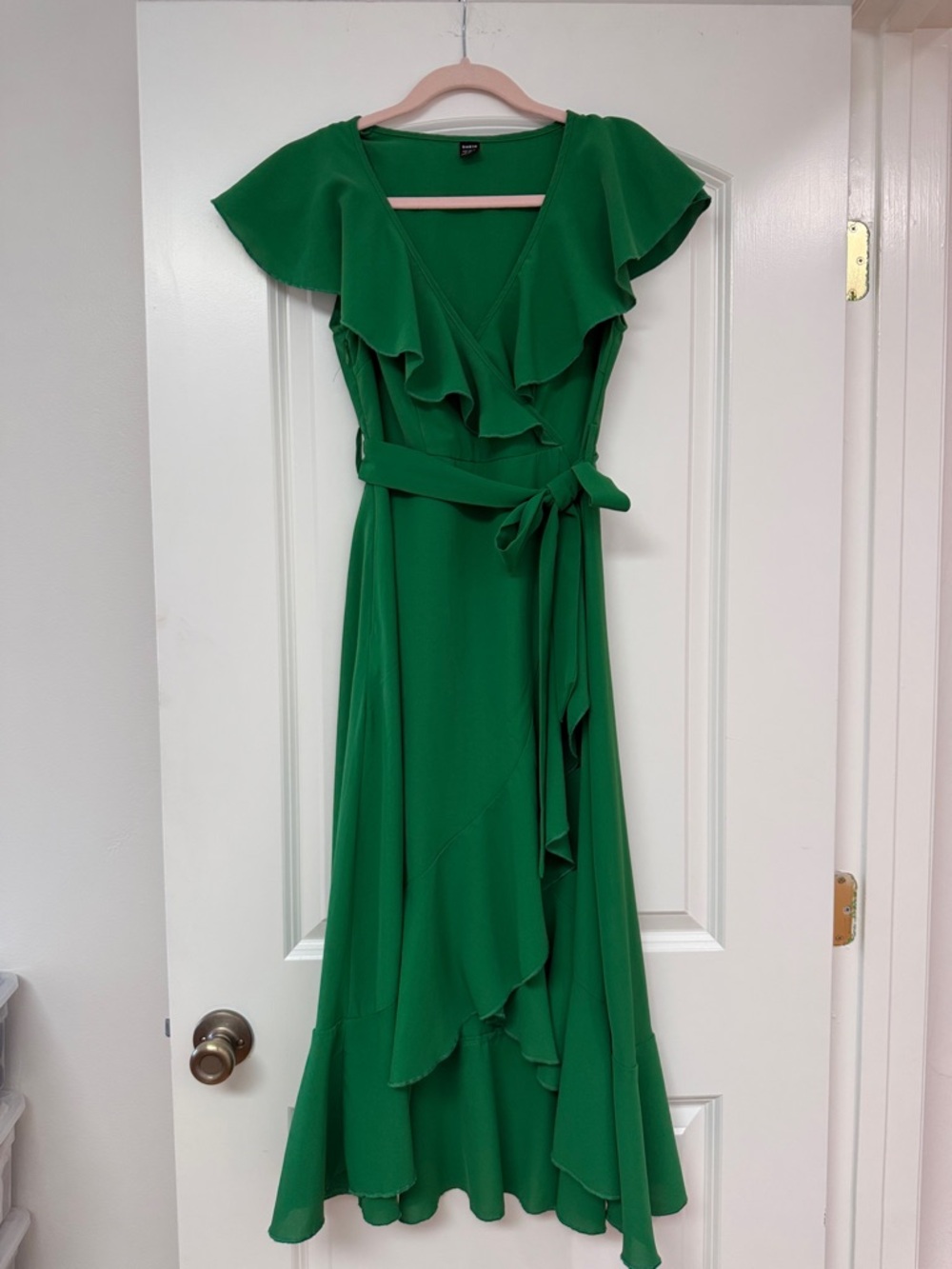SHEIN Bright Green Ruffle Wrap Midi Dress Sz S